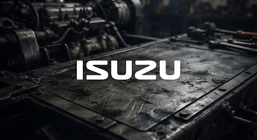 The Isuzu corporate logo presented as a clean white graphic on a dark textured surface. The design conveys rugged durability and mechanical power, consistent with heavy-duty truck engineering and a high-performance industrial workshop atmosphere.