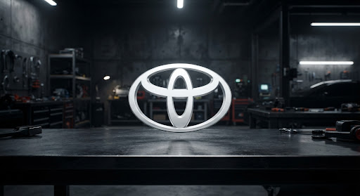 A minimalist professional logo of Toyota displayed in crisp white against a dark industrial background. The lighting is sharp, emphasizing the clean metallic lines of the manufacturer emblem in a high-contrast automotive design studio setting.